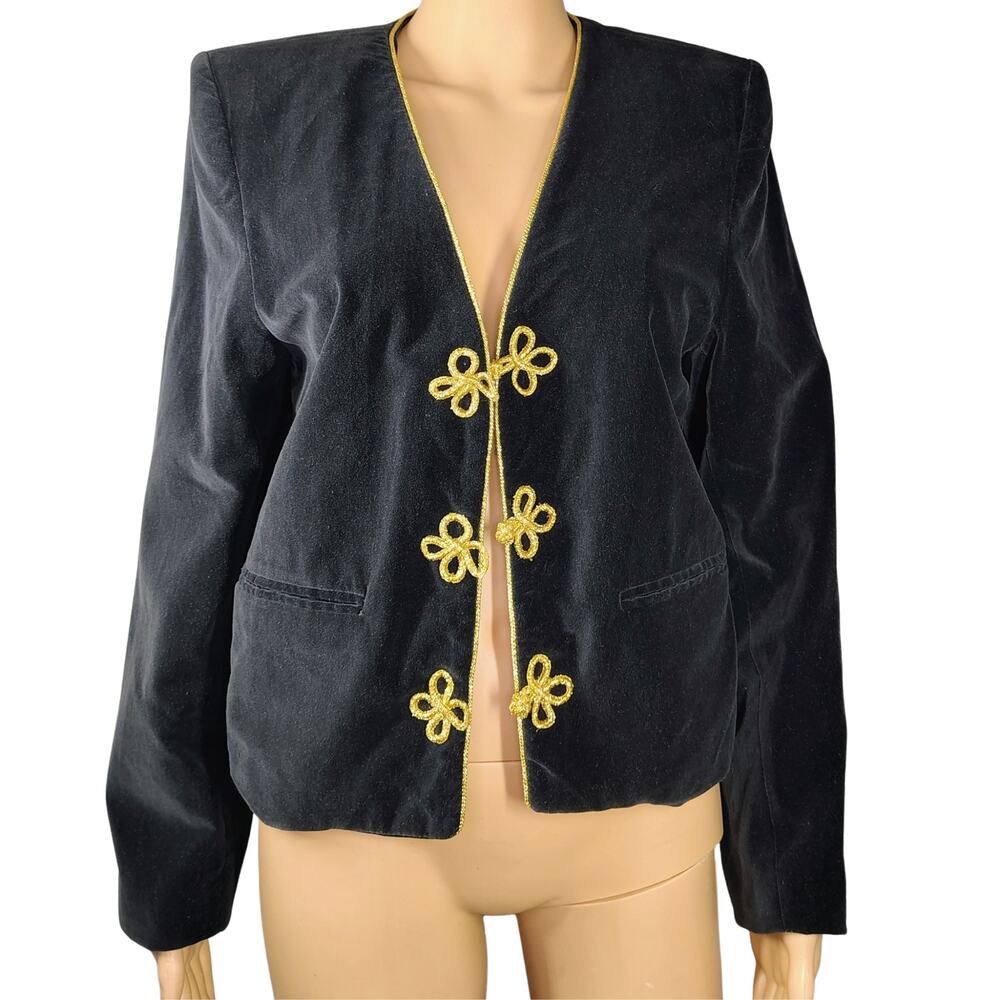 80s Black Velvet Blazer Jacket Gold Frog Closures Shoulder Pads Boho Whimsigoth